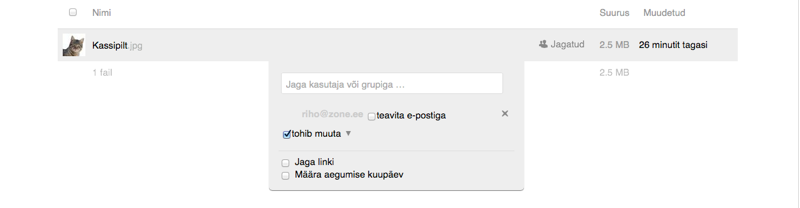 ZoneCloudis faili jagamine konkreetse kolleegiga.