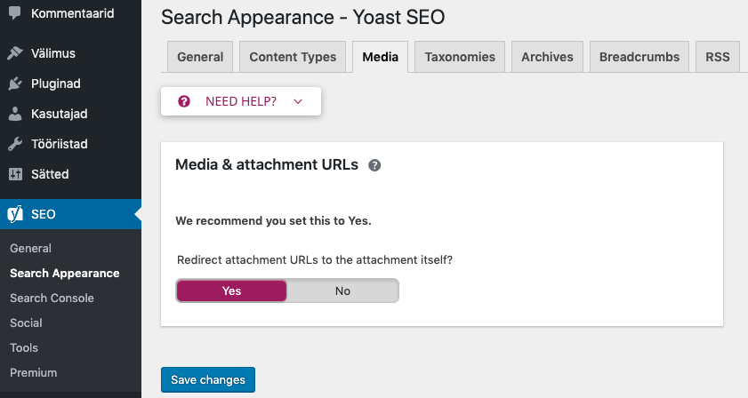 Ekraanilaks: Yoast SEO plugina seaded