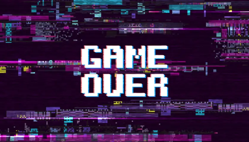 Game over fantastic computer background with glitch noise retro effect vector screen