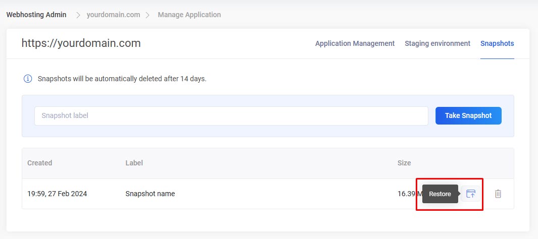 Creating a snapshot of Zone+ application