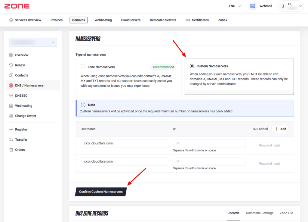 Changing the nameservers