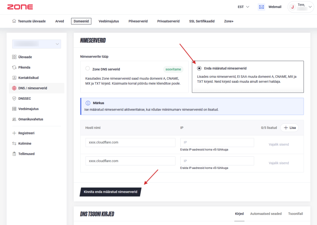 DNS nimeserverite muutmine
