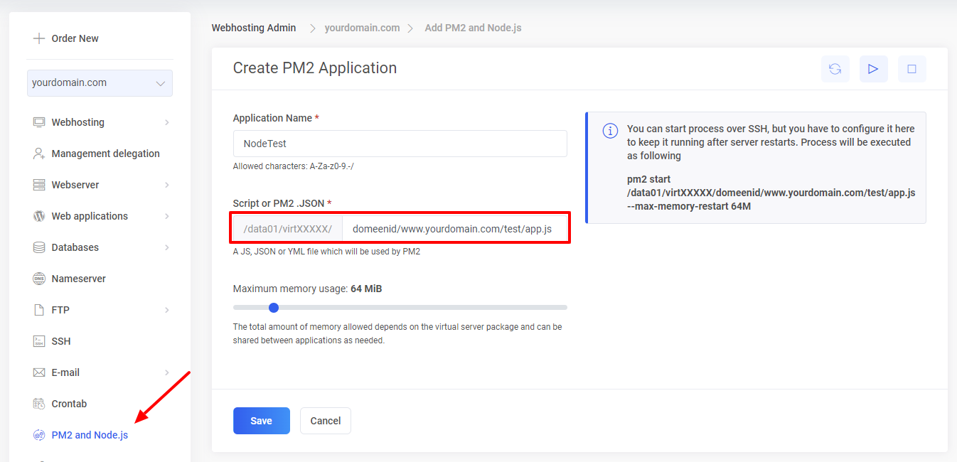 create a pm2 application