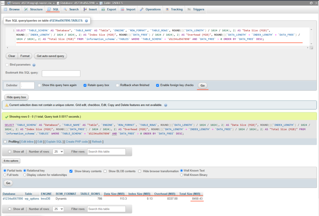 Database Size - Zone Help