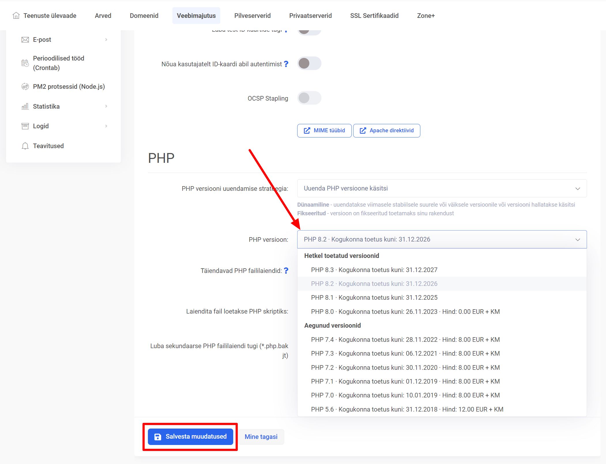 php versiooni muutmine