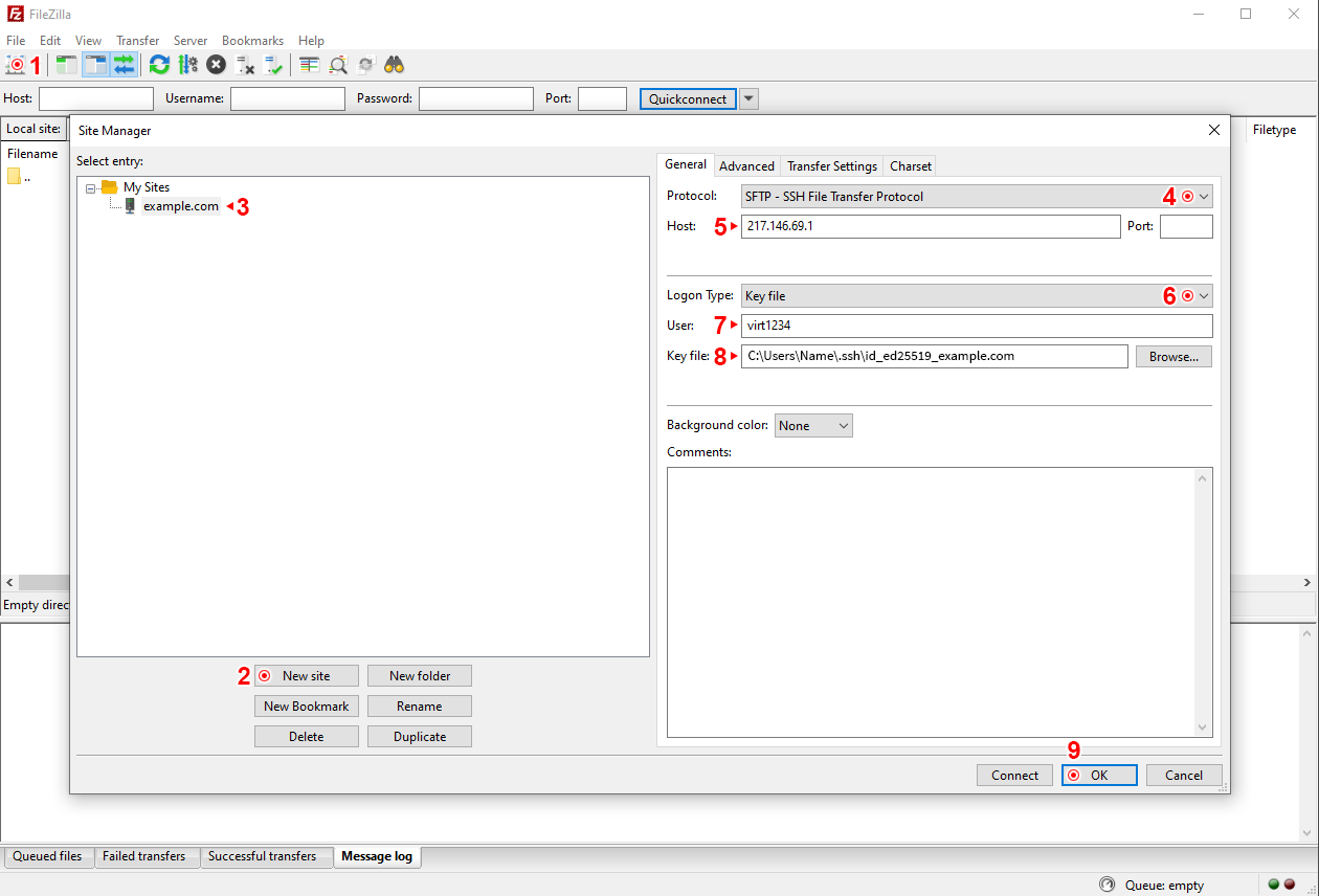 FileZilla SFTP ühenduse seaded.