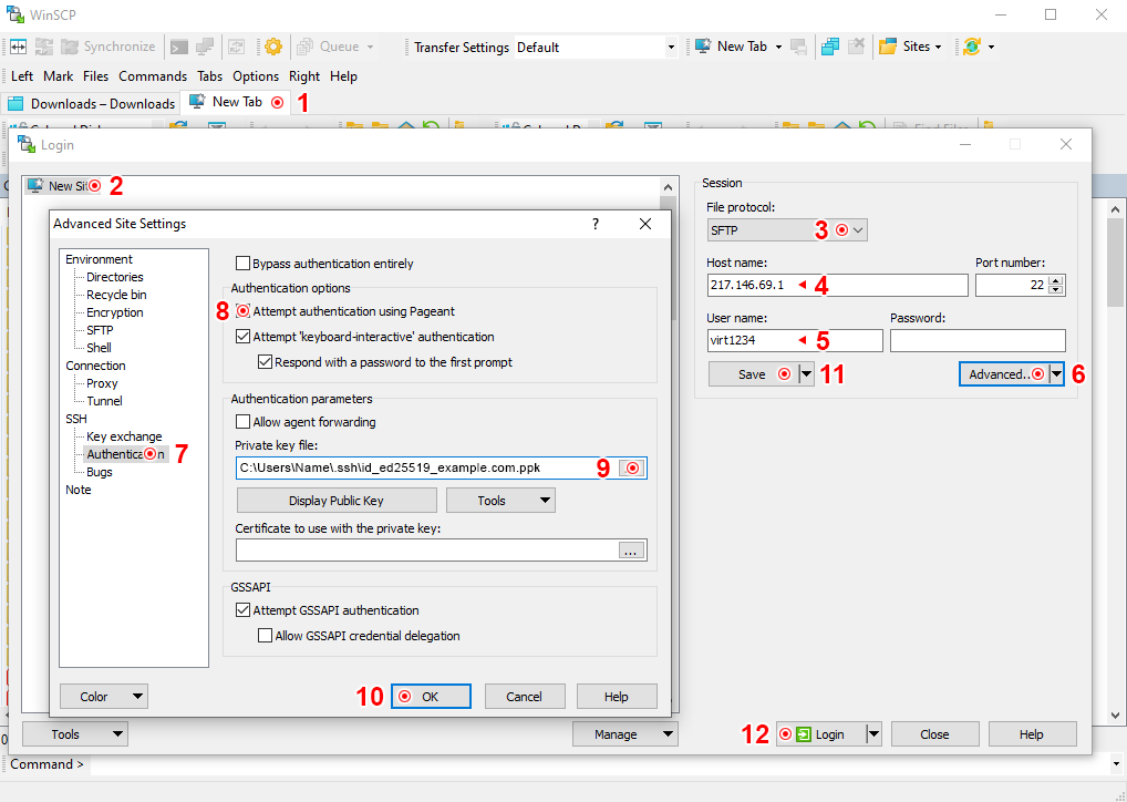 WinSCP SFTP ühenduse seaded